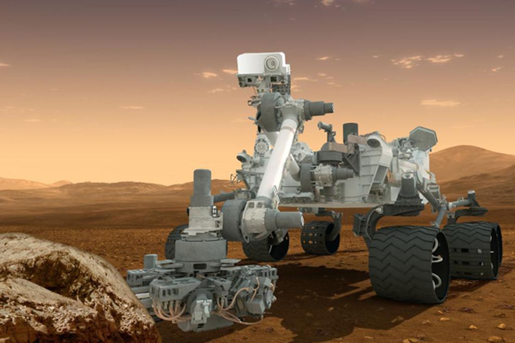 Artist rendering of Curiosity cruising the Martian surface