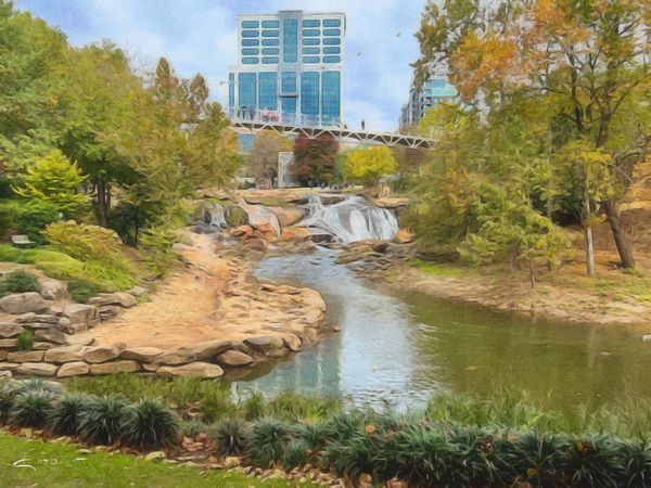Photo Painting of Greenville, SC Waterfall and Bridge thumbnail