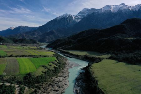 An aerial view of the Vjosa River near the city of Permet taken on March 14, 2023.
