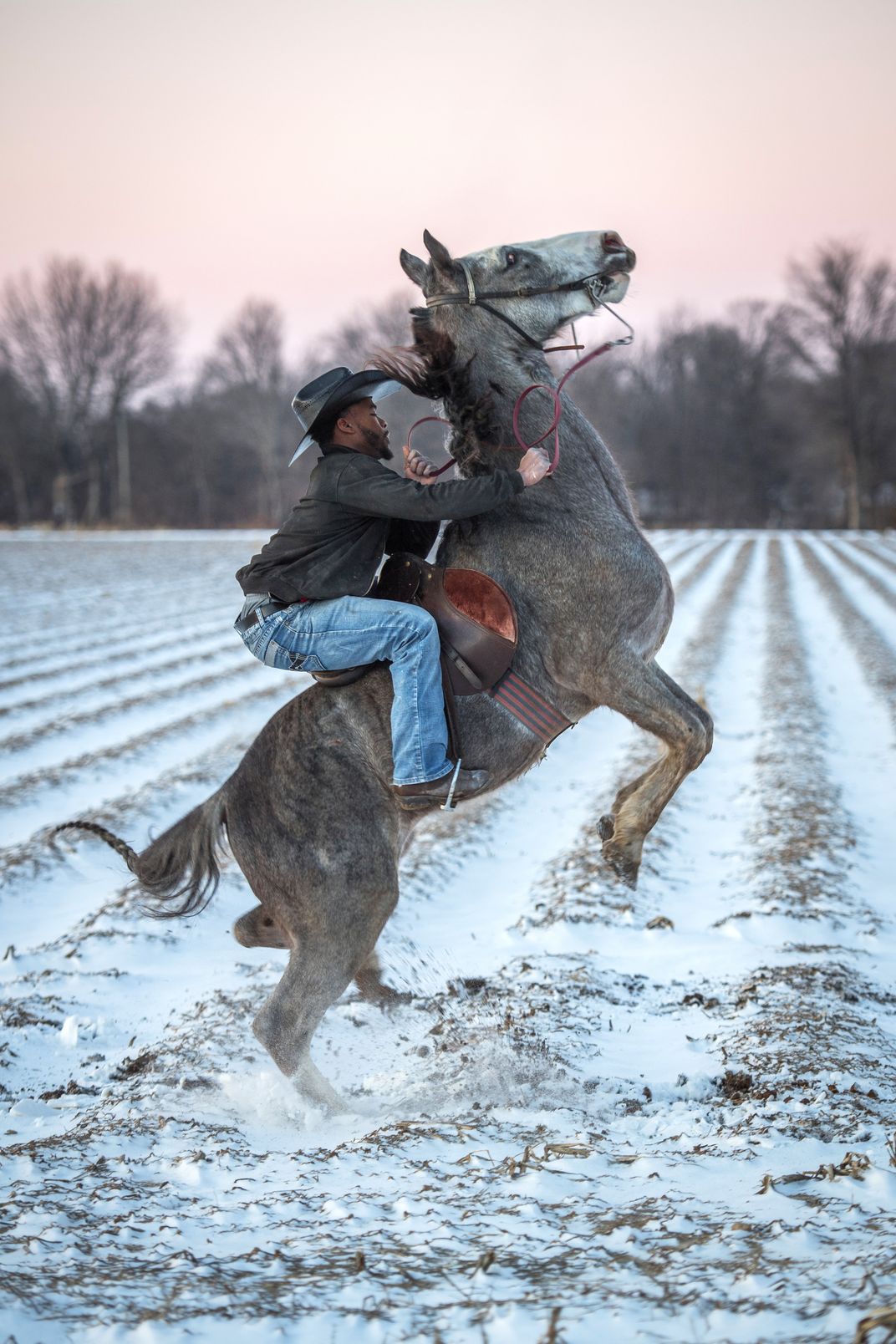 A cowboy holds on while his horse frolics in the snow.