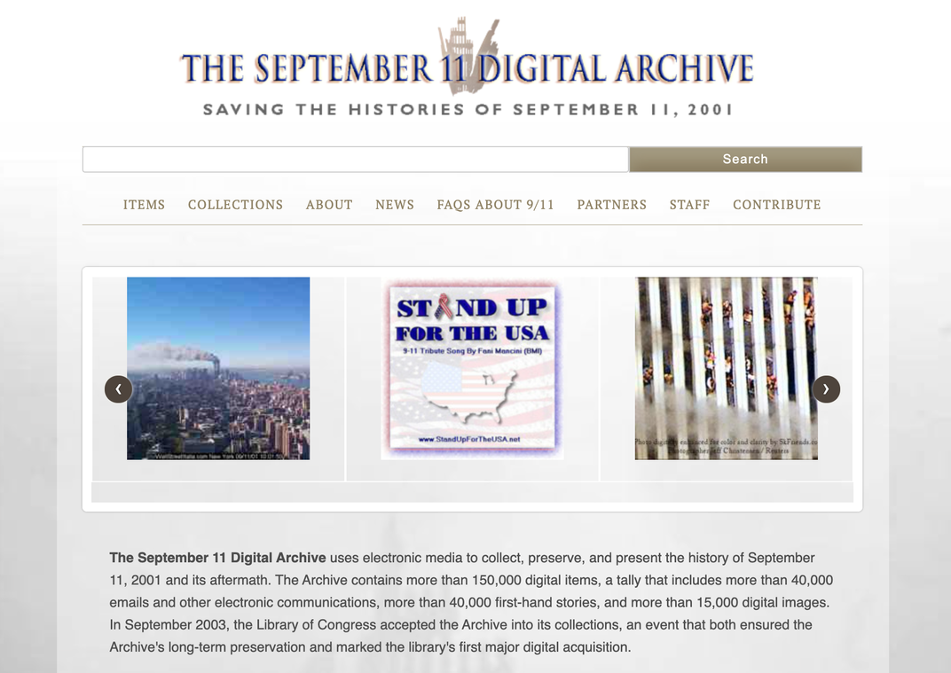 Screenshot of the September 11 Digital Archive homepage