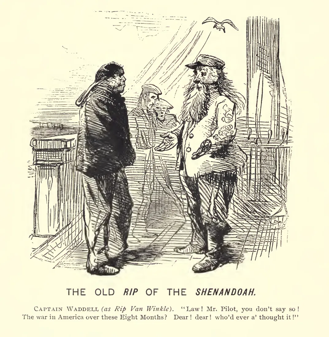 A Harper's Weekly cartoon satirizing Waddell's decision to continue engaging in combat after Robert E. Lee's surrender