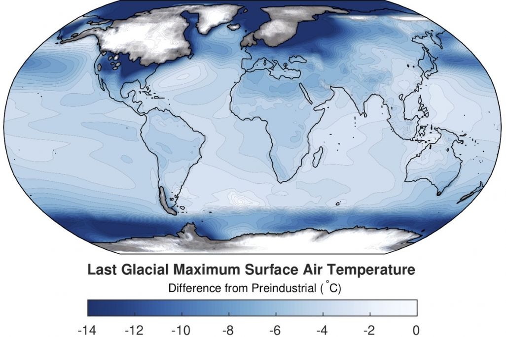 A global map. Dark blue, indicating the greatest change in surface air temperature from 20,000 years ago to now, is concentrated around the poles; lighter blue, indicated less change, closer to the Equator