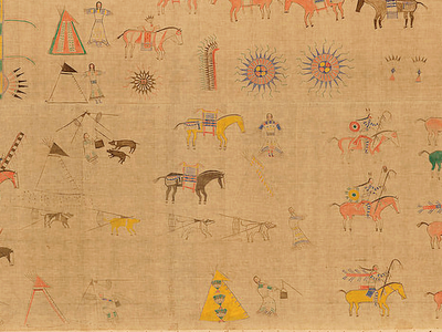 Cegape or Strike the Kettle (Lakota, ca. 1841–?). Untitled painting, collected in 1893. North or South Dakota. 20/5176. Most large paintings of this kind focus on a single event, often a battle. This painting, made by a follower of Sitting Bull, shows warriors—figures on horseback carrying lances and shields—within the Lakota way of life.