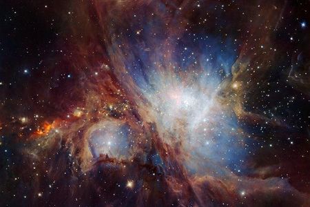 This spectacular image of the Orion Nebula star-formation region was obtained from multiple exposures using the HAWK-I infrared camera on ESO’s Very Large Telescope in Chile.