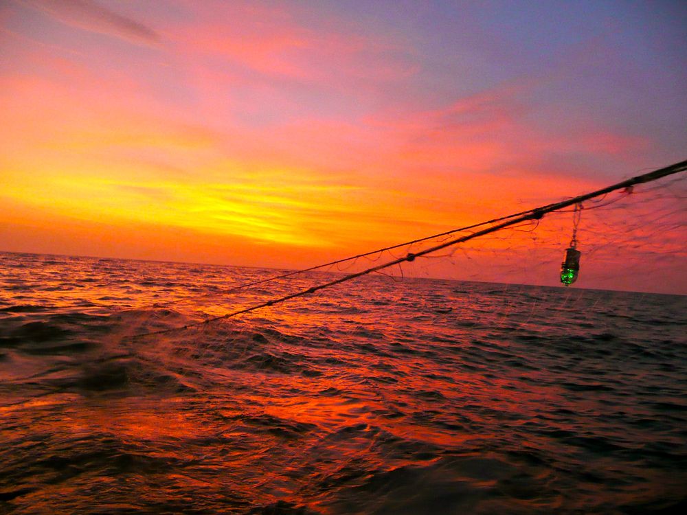 A lighted gillnet with a sunset in the background