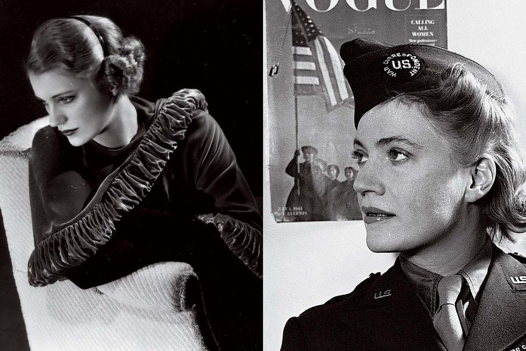 two photographs of the same woman modeling