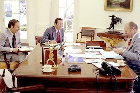 President Gerald Ford in April 1975 with Dick Cheney (left), who would become the youngest White House chief of staff in history, and Donald Rumsfeld, who would become defense secretary.