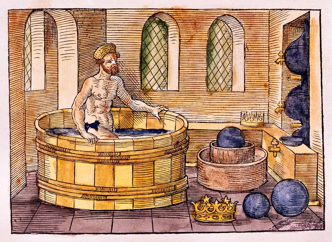 an illustration of Archimedes getting into a bathtub