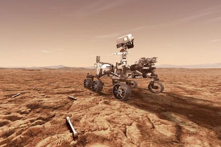 An illustration of NASA's Perseverance rover on the surface of Mars.