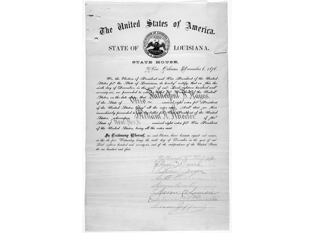 A certificate of Louisiana’s electoral vote for Rutherford B. Hayes