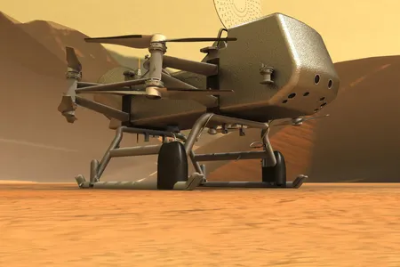 An artist’s conception of Dragonfly on the surface of Titan. The real article will not launch until 2026, and arrives at Titan’s Shangri-La dune sea eight years later, in 2034.