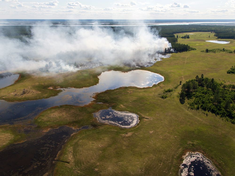 Aerial view of forest fire in central Yakutia, Russia
