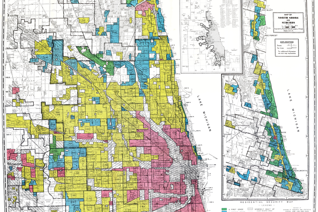 A map of the Loop and north side of Chicago, split up into small neighborhoods that are color-coded as red, yellow, blue or green