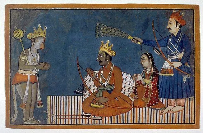 Hanuman stands before Rama and Sita
