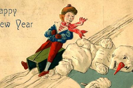 A 1910s Happy New Year postcard depicts a child running over a snowman.