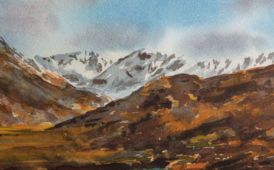 watercolor painting of snowcapped mountains