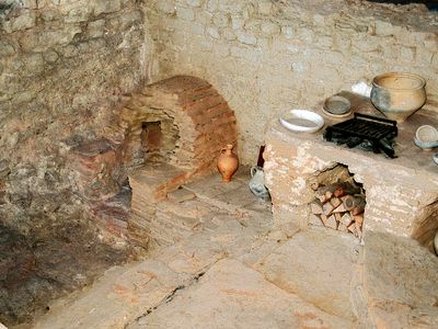 Kitchen with stove and oven of a Roman inn (Mansio) at the Roman villa of Bad Neuenahr-Ahrweiler, Germany