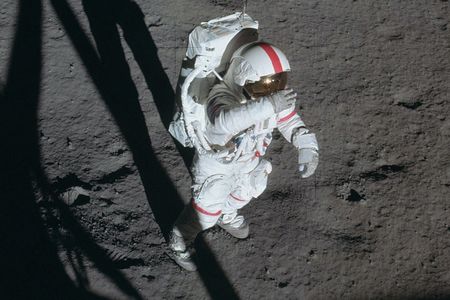 Shepard shields his eyes from the bright sun at Apollo 14’s Fra Mauro landing site, February 1971.