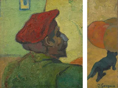 Left: Portrait of Paul Gauguin,&nbsp;Vincent van Gogh,&nbsp;1888. Right: The Little Cat,&nbsp;Paul Gauguin,&nbsp;1888