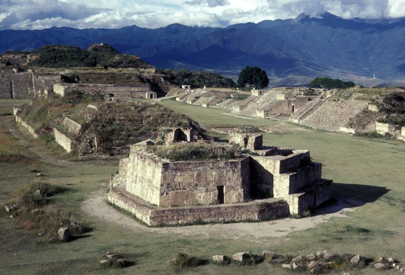 The main plaza of Monte Albán, in the Oaxaca Valley. Building J