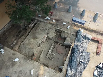 Archaeologists unearthed the foundation of the original 1818 church.