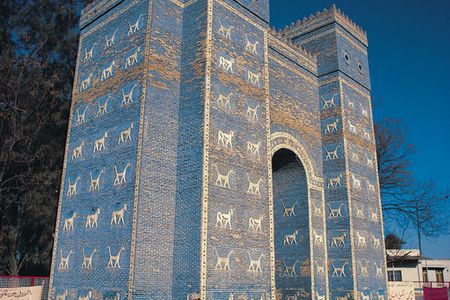 The original Ishtar Gate (left, a 1980s replica) was moved to Berlin in 1903. It was built in 572 B.C.; both Nebuchadnezzar II and the prophet Daniel would have walked through it.