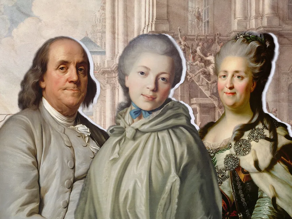 An illustration of Benjamin Franklin, the Princess Dashkova and Catherine the Great