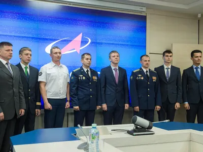 The new cosmonaut candidates, from left: Aleksandr Grebenkin, Kirill Peskov, Evgeny Prokopiev, Oleg Platonov, Aleksandr Gorbunov, Sergei Mikaev, Aleksei Zubritsky, and Konstantin Borisov.