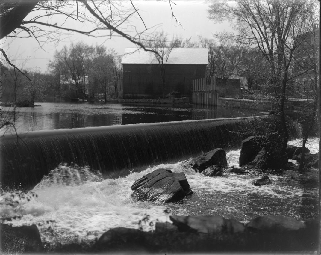 a black and white photograph of the Talbot Mills Dam