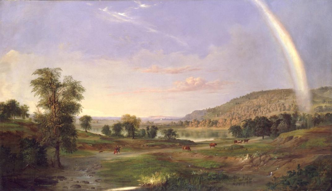 A landscape painting with a rainbow.