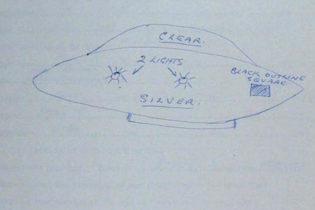 Drawing of a reported UFO sighted over Watsonia, Australia, June 25, 1972. Official verdict: Probably a Boeing 727, seen at an altitude of 2,000 feet while approaching a nearby airport.