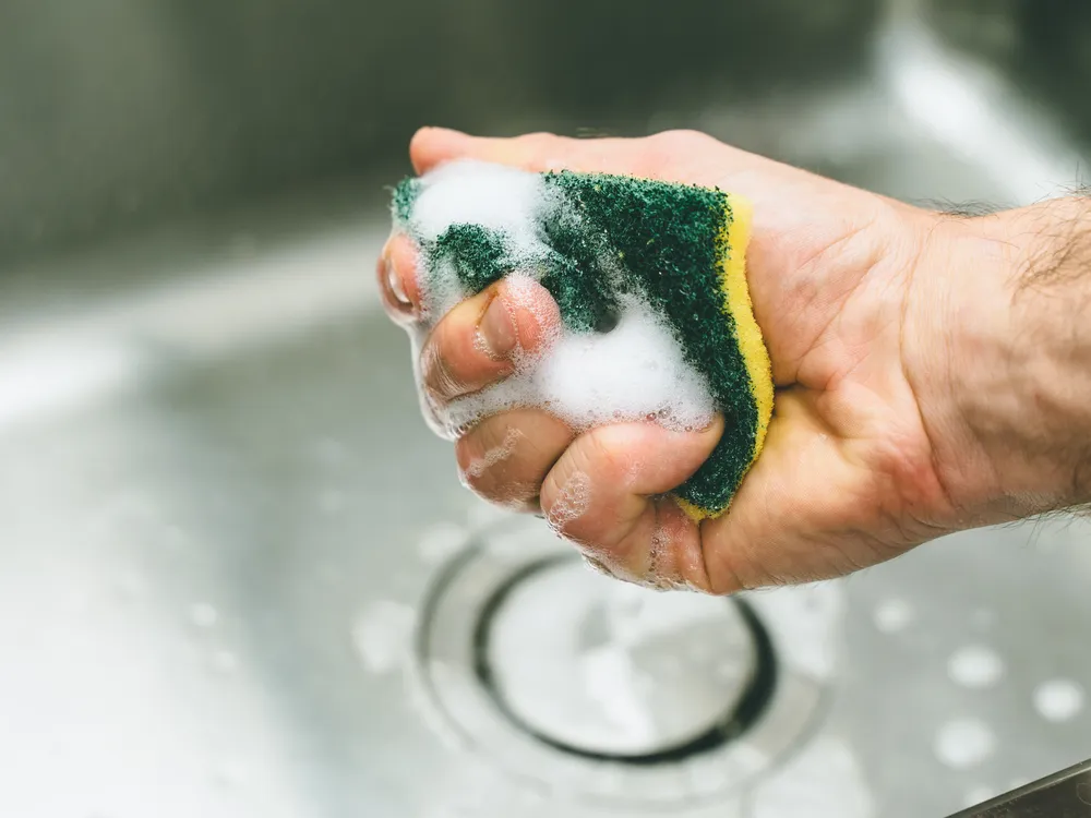 Three Yellow Sponges Washing Dishes Other Domestic Needs Isolated