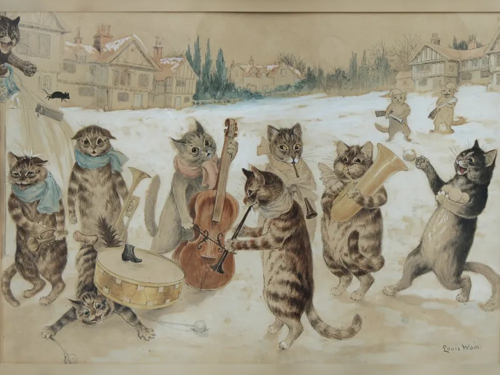 Louis Wain illustration of cats singing carols