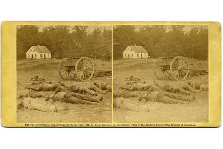 An 1862 Alexander Gardner photograph shows the bodies of dead Confederate artillerymen at Antietam.