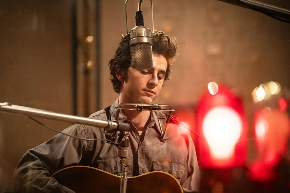 Timothée Chalamet as Bob Dylan in A Complete Unknown​​​​​​​