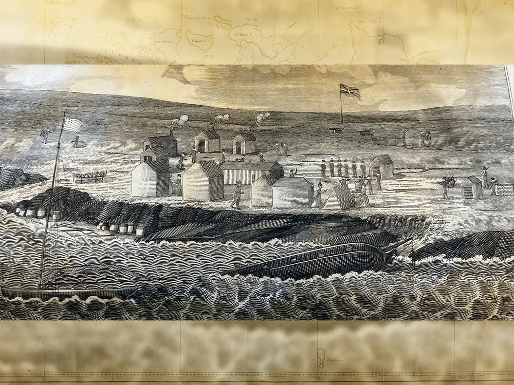 The wreck of the Isabella and Newton Providence camp, as shown in Charles H. Barnard's narrative of his experiences in the Falklands, 1829