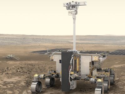 An illustration of the six-wheeled rover, which has a drill and onboard instruments to sample and analyze the Martian surface.&nbsp;
