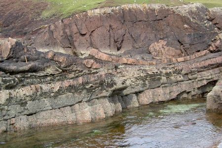 A field photo showing the impact deposit containing deformed pink sandstone.