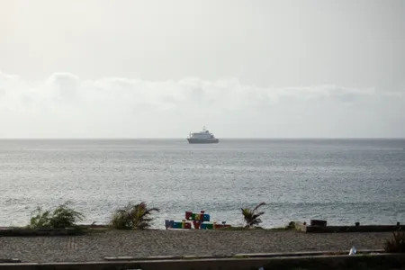The MV Hondius, the cruise ship facing a hantavirus outbreak, anchored off the coast of Cape Verde, an archipelagic country near West Africa