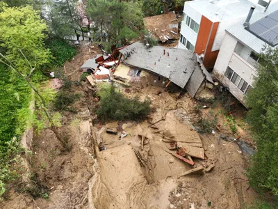 A house in the Beverly Crest neighborhood of Los Angeles was pushed off its foundation by a mudslide on Monday morning. No one was in the house when the mudslide occurred. Recent storms caused at least 475 mudslides in the Los Angeles area.
