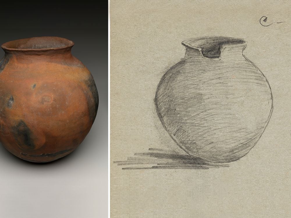 Ceramic olla purchased from Soledad Lala (Soboba Luiseño), Riverside, California, for the collections of the Museum of the American Indian, with a sketch by the collector, E. H. Davis. Olla: NMAI 7/1952. Drawing: Expedition Sketch Book, No. 2, November 1917. Edward H. Davis Papers, Huntington Free Library Collection 9166, Cornell University Library (National Museum of the American Indian, Smithsonian; sketch courtesy of the Cornell University Library)