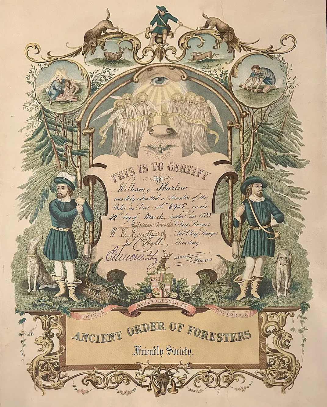 An 1883 membership certificate for the Ancient Order of Foresters