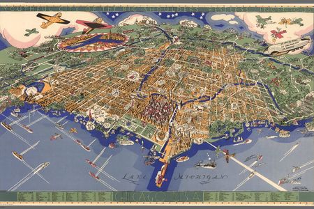 An Illustrated Map of Chicago, Youthful City of the Big Shoulders, Restless, Ingenious, Wilful, Violent, Proud to be Alive! by Charles Turzak, Boston, 1931. A whimsical map of the city including parks, planes, and even Lake Michigan sea monsters