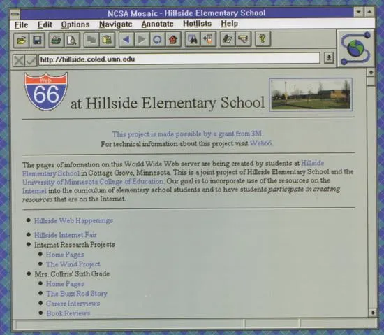 Hillside Elementary School’s home page displayed in Mosaic for Windows (1995)