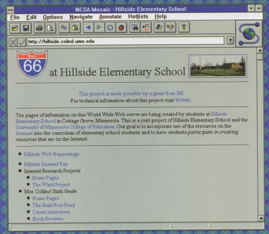 Hillside Elementary School’s home page displayed in Mosaic for Windows (1995)