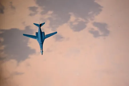 An Air Force B-1B Lancer flies over Qatar on October 25, 2019. Named “Bone” by its pilots, the B-1 handles, they say, more like a fighter than a bomber and is the only U.S. bomber that can fly past Mach 1. 
