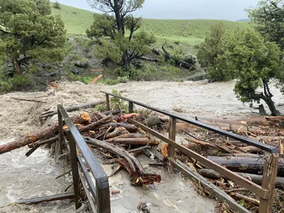 A washed-out bridge over Rescue Creek inside Yellowstone National Park