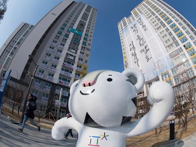 Soohorang, mascot of the Winter Olympics 2018, stands in the Olympic Village in Gangneung, South Korea.