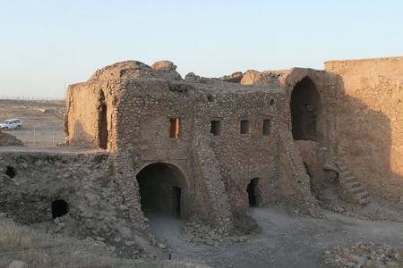 The monastery from inside the ramparts at twilight.